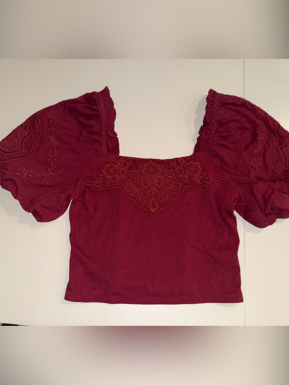 Express Burgundy Embroidered Puff Sleeve Crop Top